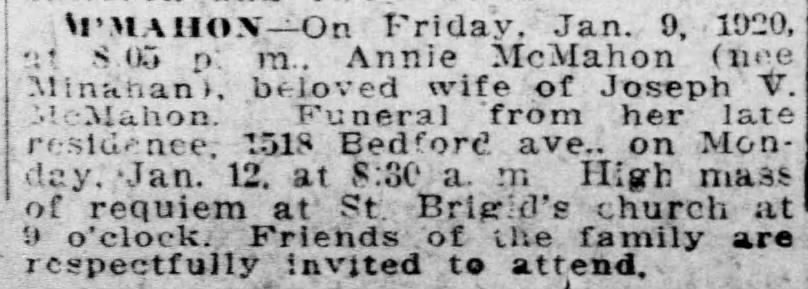 1920 Jan 9th - Annie Minahan McMahon Obit - St.Brigid's RC Church Pittsburgh PA