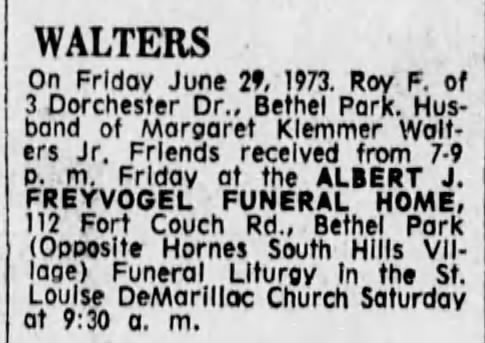 1973 June 29th - Roy F. Walters Sr. Obit
Pittsburgh, PA
