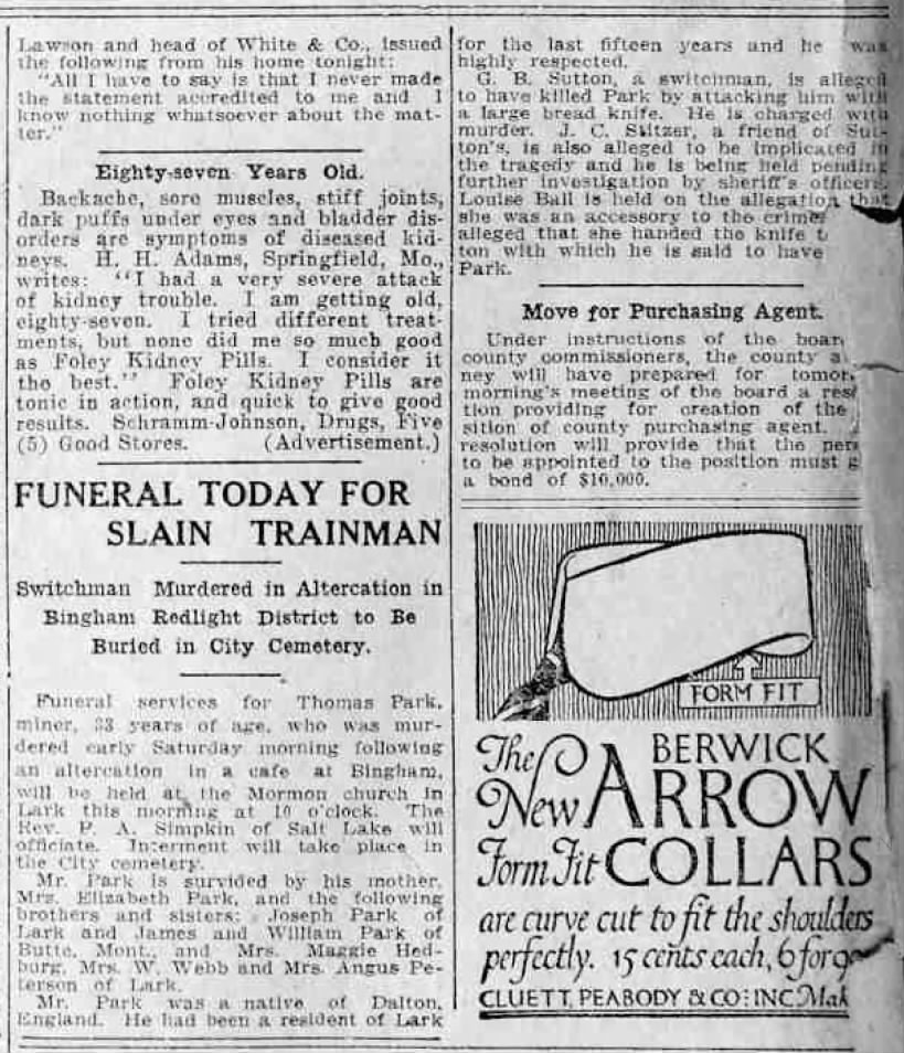 1917-01-16 Thomas Park murder and funeral announcement - Salt Lake Tribune