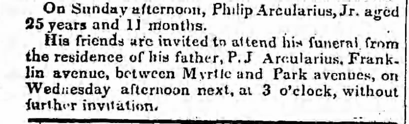 Arcularius, Philip Jr. Obit, Brooklyn Eagle, November 4, 1844