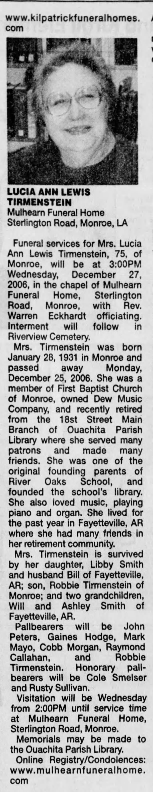 Lucia Ann Lewis Tirmenstein Obituary