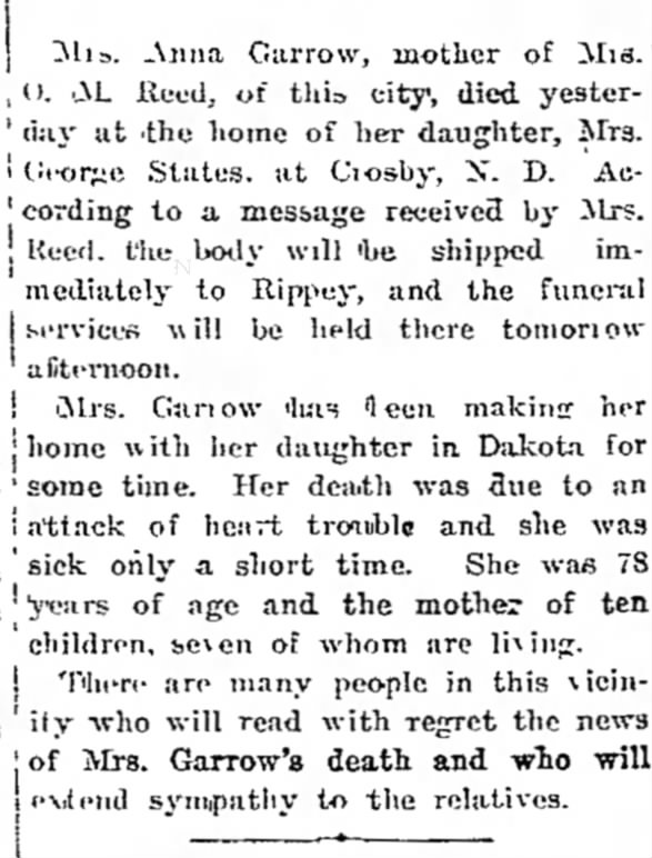 Death of Anna Marie Lampkin Garrow22, 1912
Perry Daily Chief (Perry Iowa) -Oct