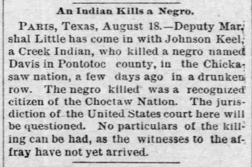 Indian Kills Negro 22 Aug 1890