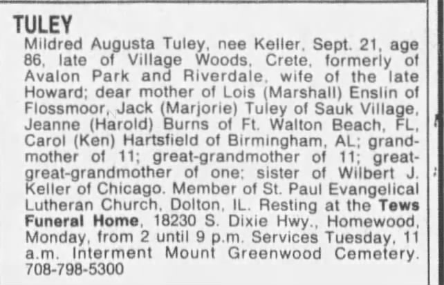 obituary of Mildred Tuley, 23 Sep 1991, Mon, p59