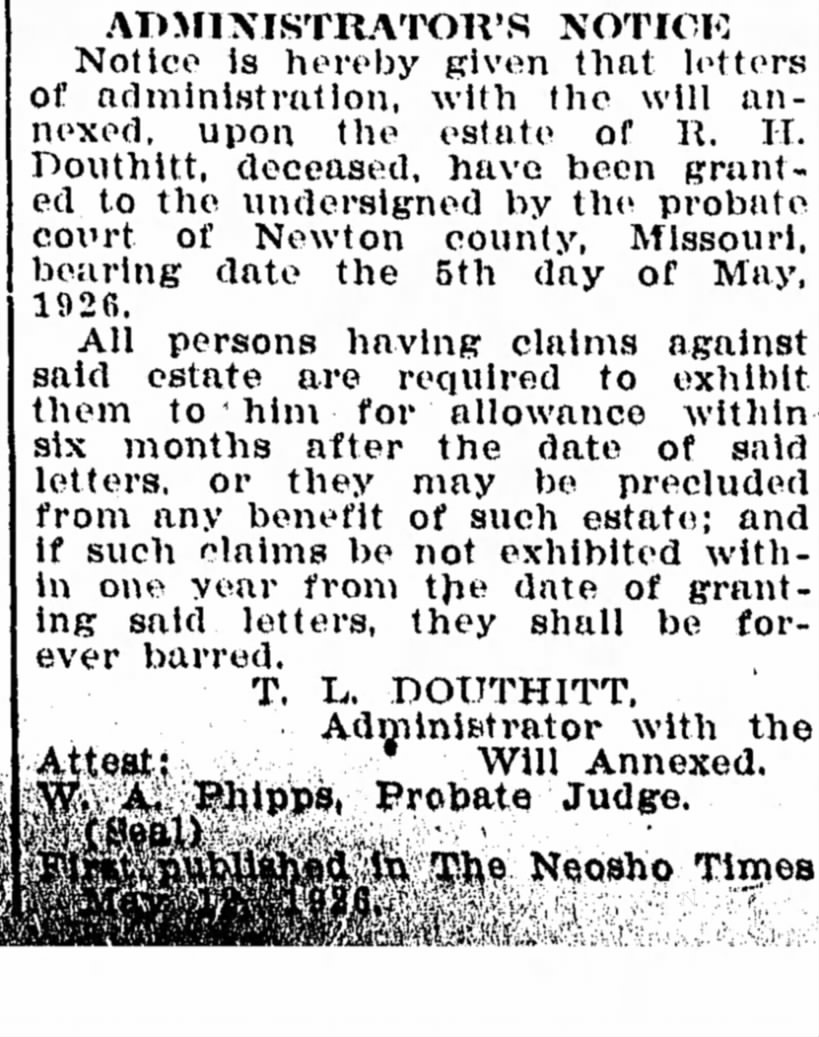 Robert Henry Douthitt estate and T L Douthitt administrator
May 13, 1926