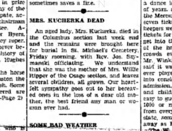 Possible death notice of Anne RIpper mother named Mrs. Kucherka. Date 1938-02-25. 