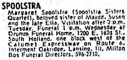 Spoolstra, Margaret 19740825; Chicago Tribune, Obit, 19740827