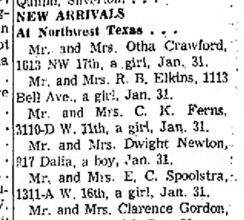 Spoolstra, Edward Charles 19570204; The Amarillo Globe-Times, Amarillo, TX; Girl 19570131;