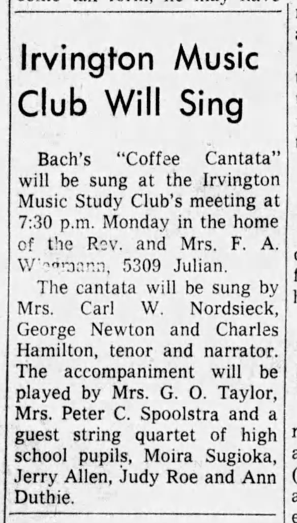 Spoolstra, Donita 19640122; The Indianapolis News, Indianapolis, IN., Music