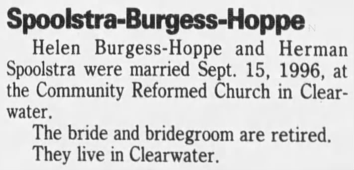 Spoolstra, Herman 19961013; Tampa Bay Times, St. Petersburg, FL., Marriage, Helen Burgess