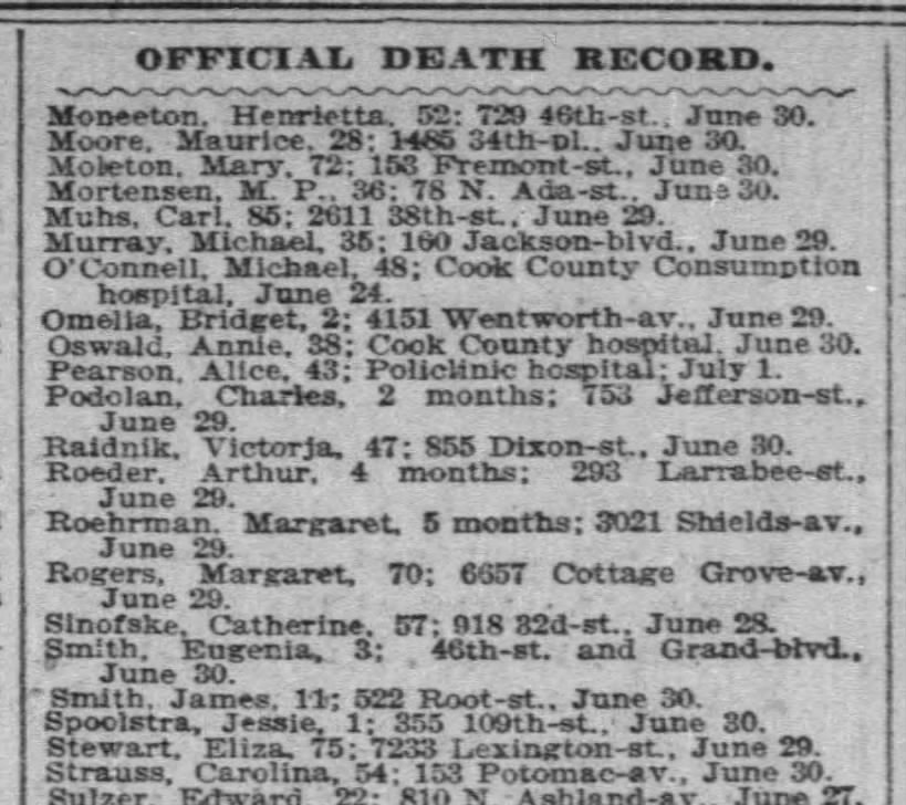 Spoolstra, Jessie 19050702, Chicago Tribune, Death record, 355 W 109th St., June 30, 19050630;