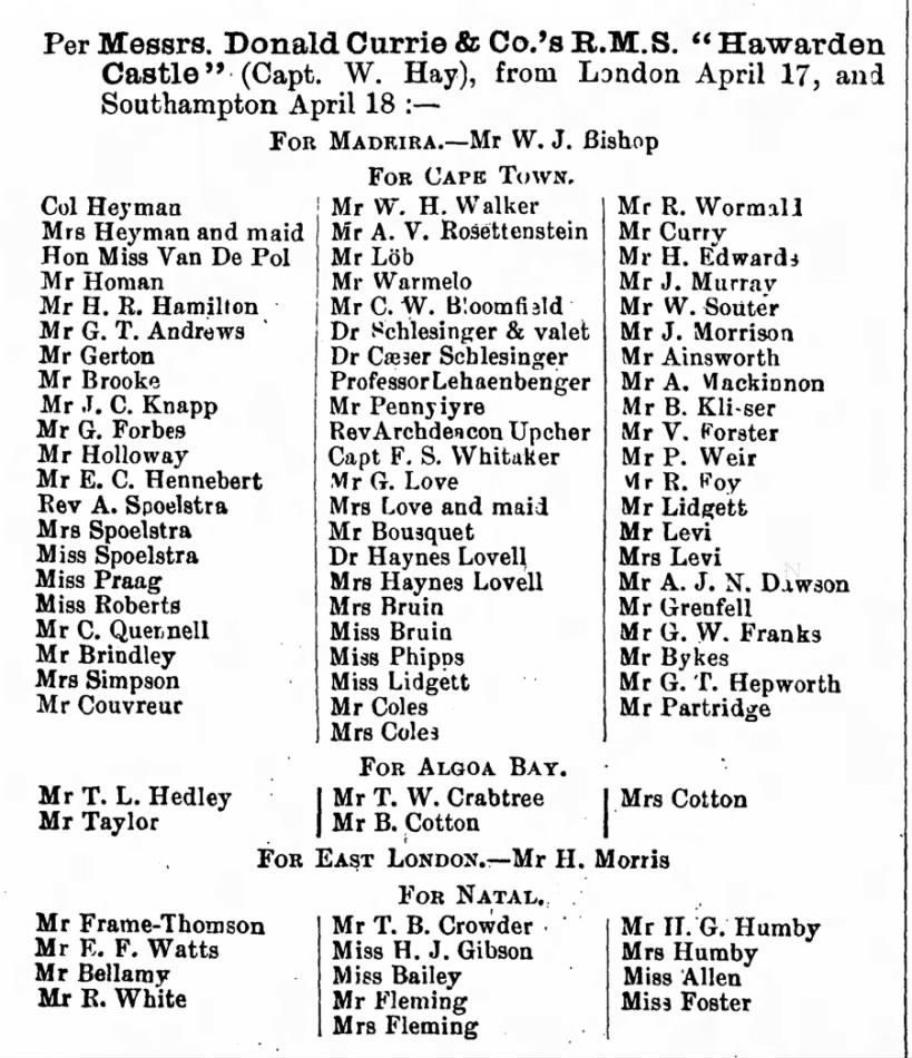 Spoelstra, A Rev 18960418 Ship Roster to Cape Town