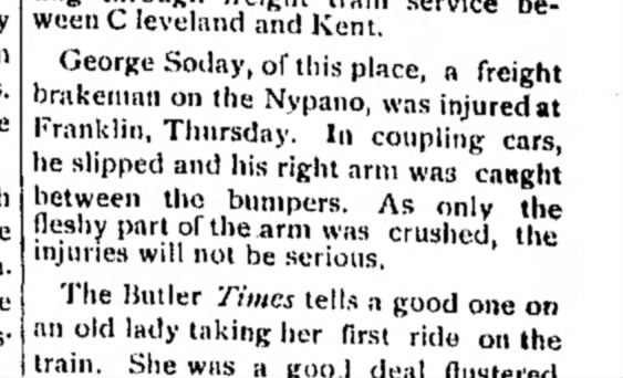 Railroad News - George Soday injured Feb 1892