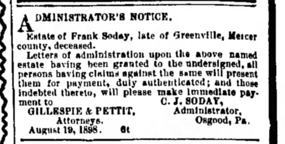 Frank Soday Estate Notice Sept 1898