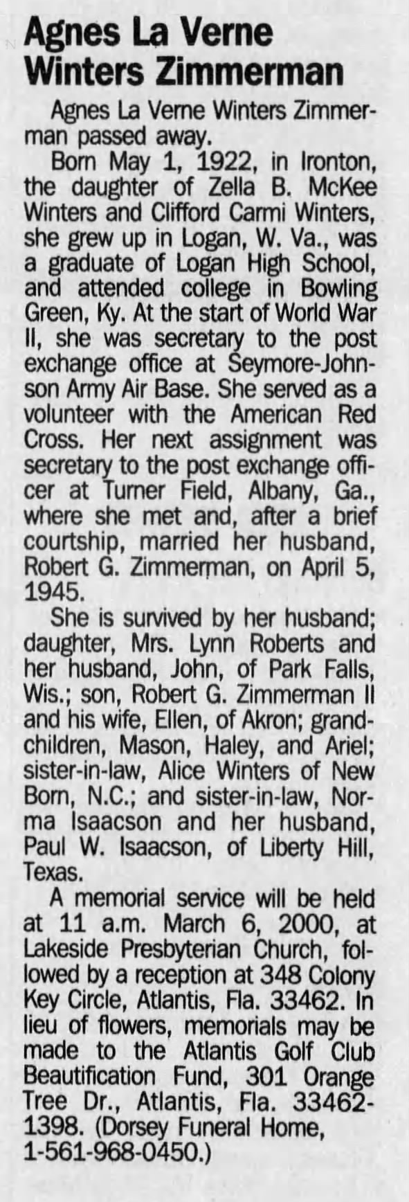 Agnes Winters Zimmerman obituary - Newspapers.com™