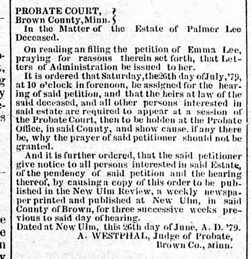 Palmer Lee Probate Court - details of his death