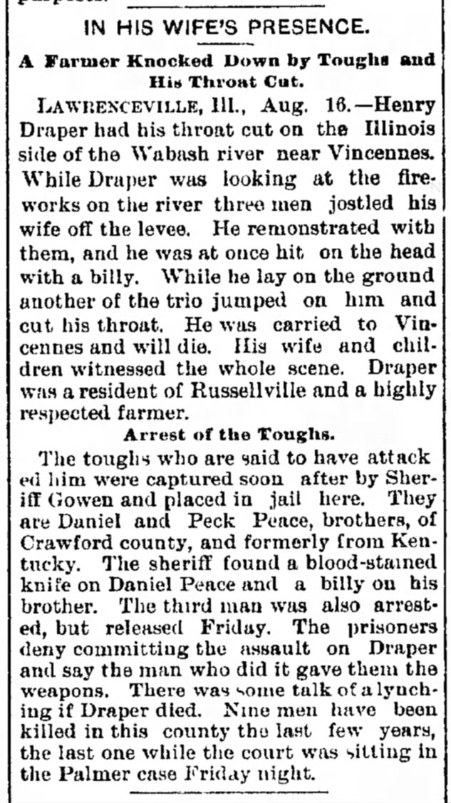 Henry Draper of Russellville Ill. Had His Throat Cut While Watching Fireworks Near Vincennes - 1890