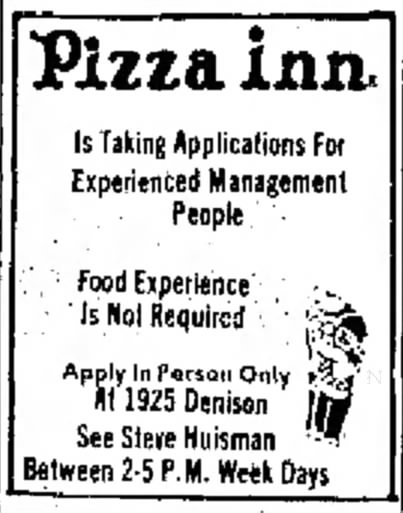 Pizza Inn Is Taking Applications For Experienced Management People - Denton
