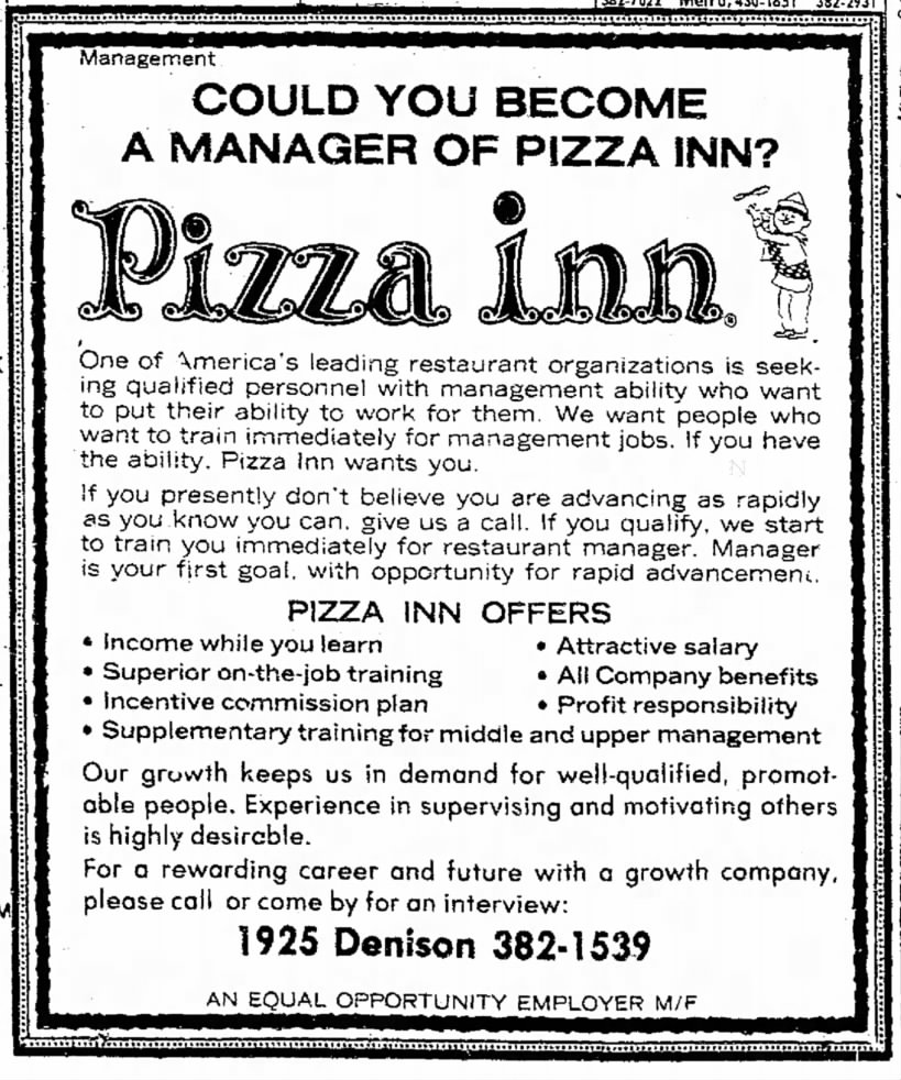 Could You Become A Manager Of Pizza Inn? - Denton