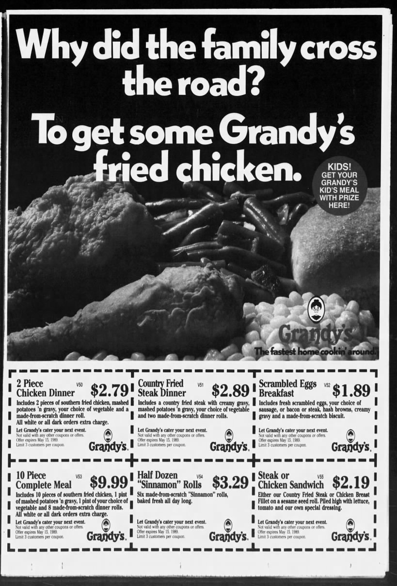 Tampa Grandy's - Why did the family cross the road? - Full-Page Ad 1989