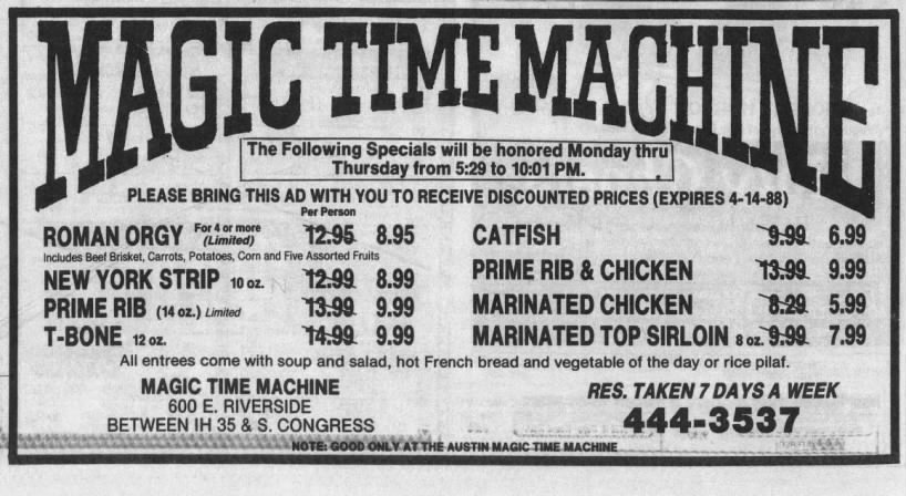 Magic Time Machine - The Following Specials will be honored - Austin