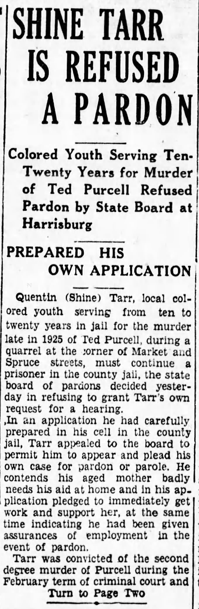 Shine Tarr denied pardon part 1 Shamokin News Dispatch 10/20/1932