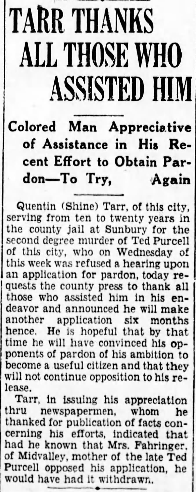 Tarr thanks those whom helped him in trying to obtain a pardon 10/22/1932