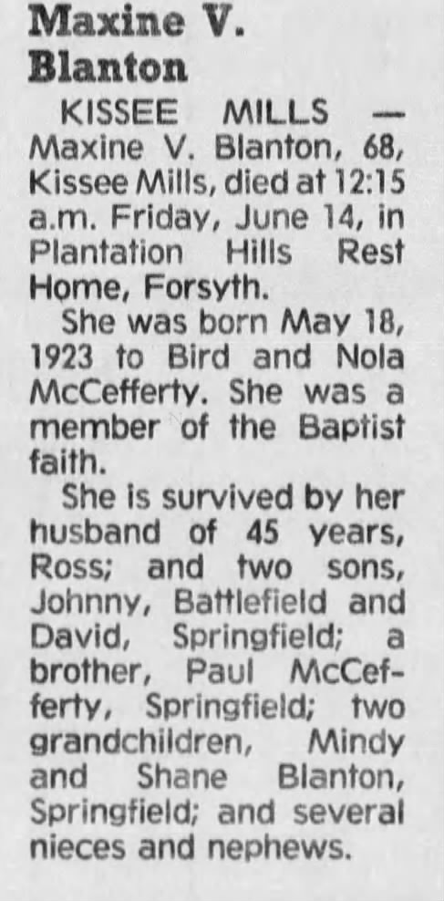 Maxine McCafferty Blanton obituary