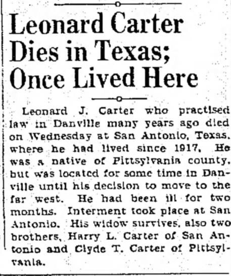 Leonard Carter Obituary
The Bee - Danville, Virginia
Saturday, May 2, 1936