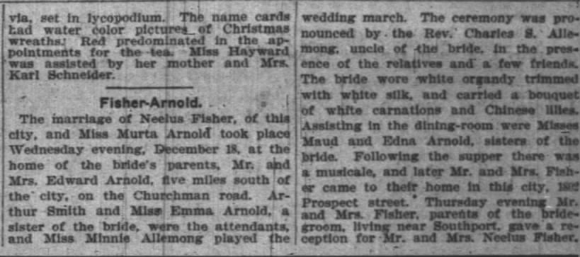 Murta Arnold Marriage Announcement
Indianapolis News
December 23, 1901