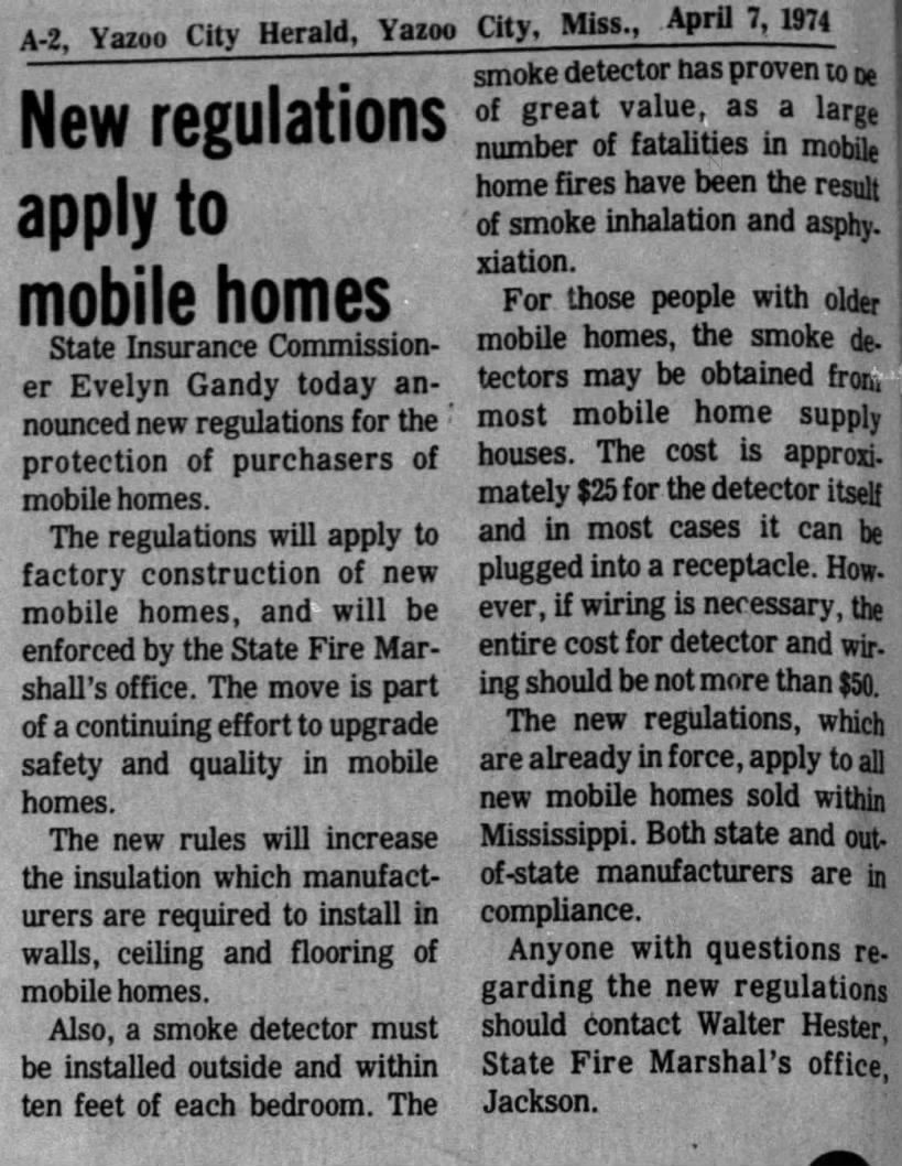 Evelyn Gandy announces regulations on mobile homes