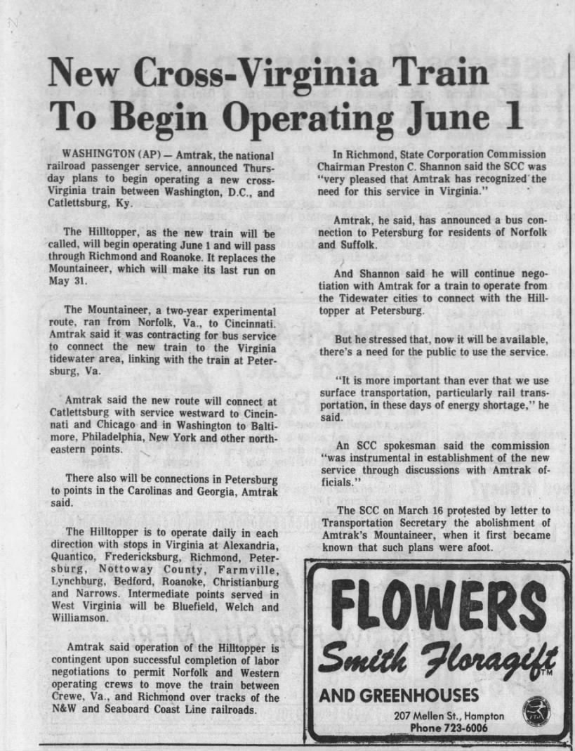 Amtrak Hilltopper, May 20, 1977