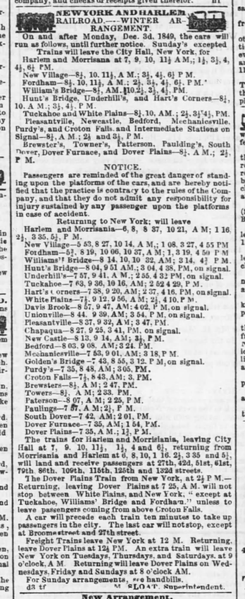 Harlem Railroad, December 12, 1849