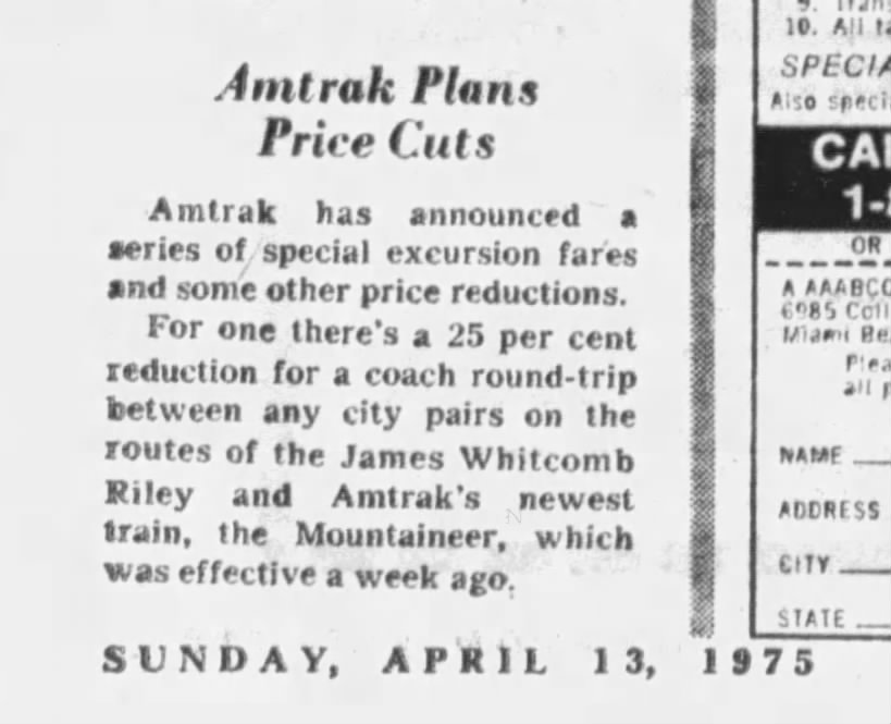 Amtrak Mountaineer, April 13, 1975
