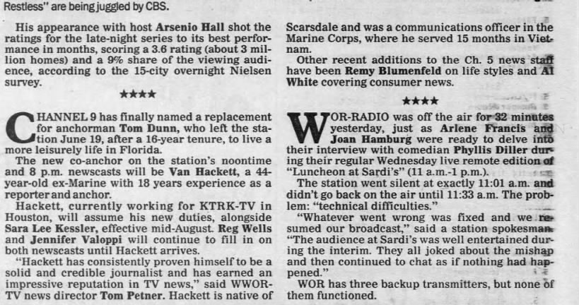 Van Hackett WWOR, July 16, 1987