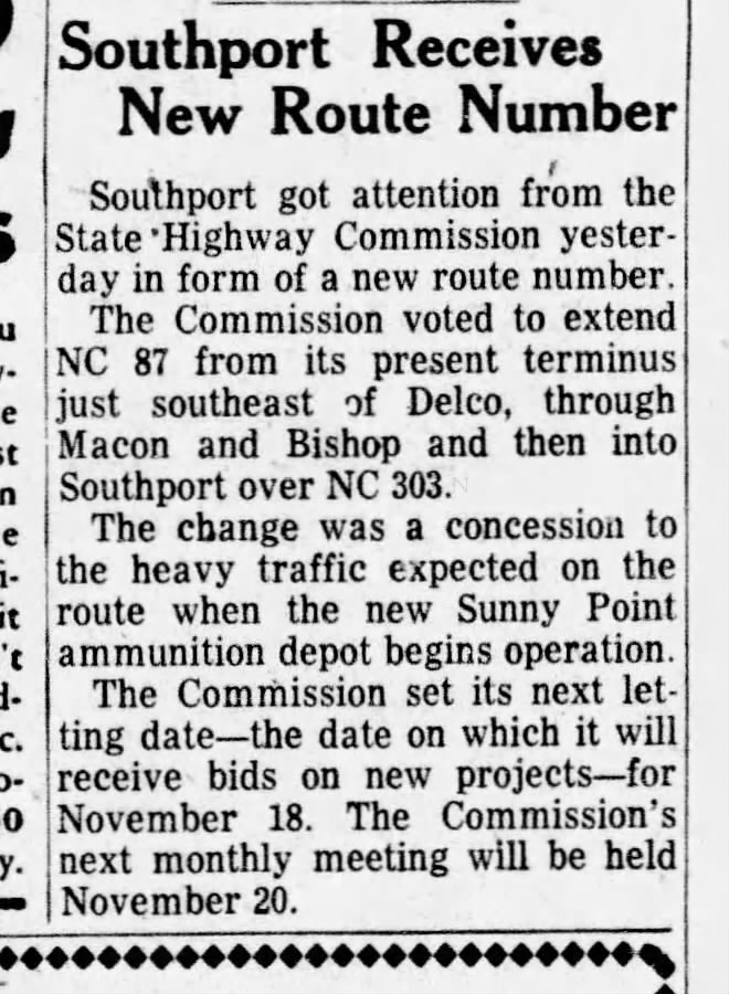 NC 87 extension, October 24, 1952