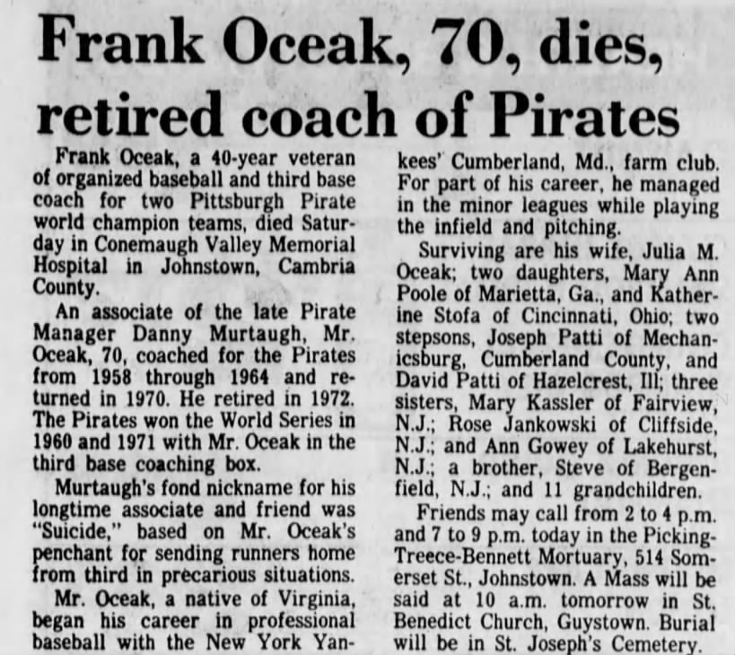 Obituary for Frank Oceak.