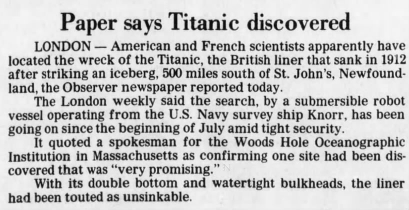 Paper says Titanic discovered