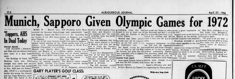Munich, Sapporo Given Olympics Games for 1972