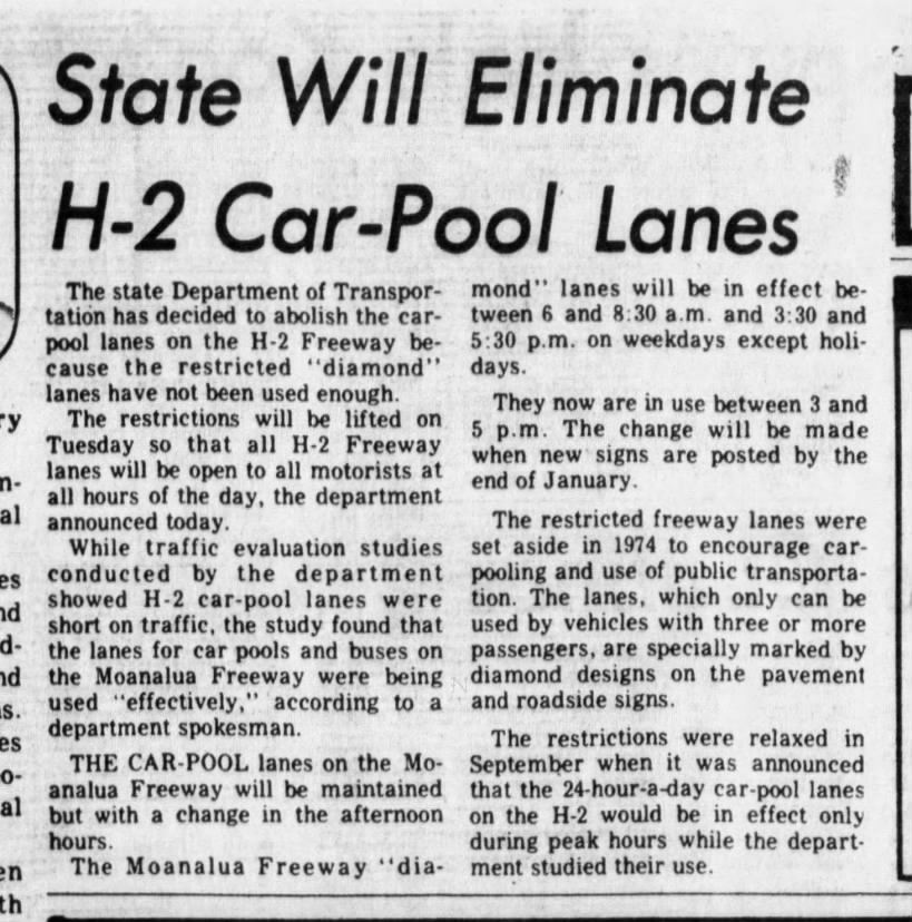 State Will Eliminate H-2 Car-Pool Lanes