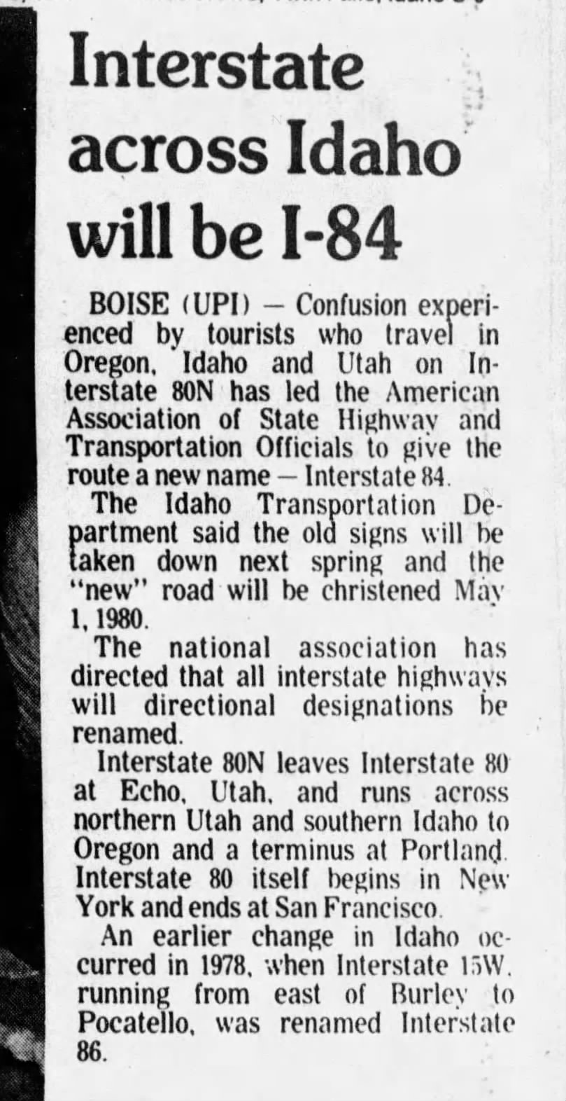 Interstate across Idaho will be I-84