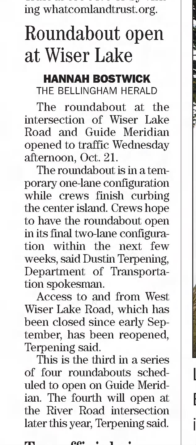Roundabout open at Wiser Lake