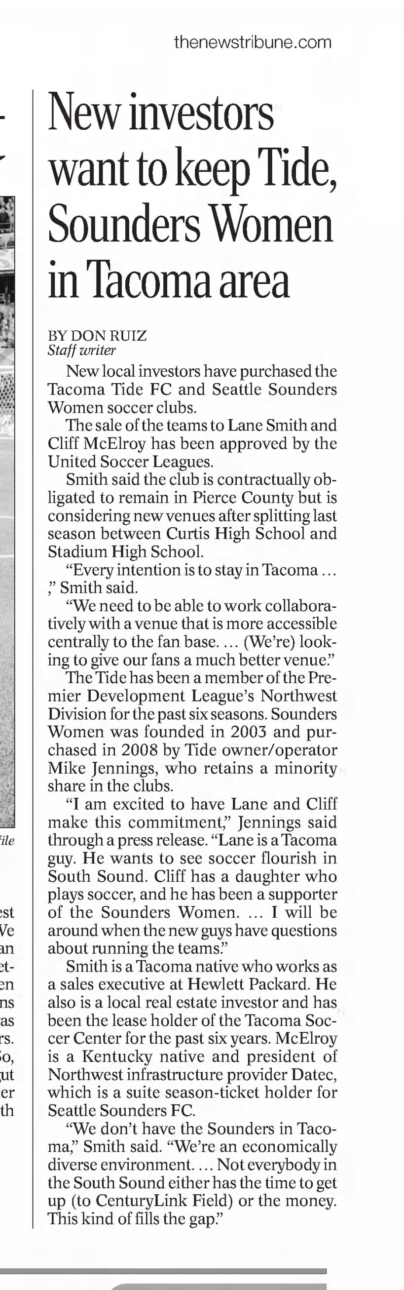 New investors want to keep Tide, Sounders Women in Tacoma area