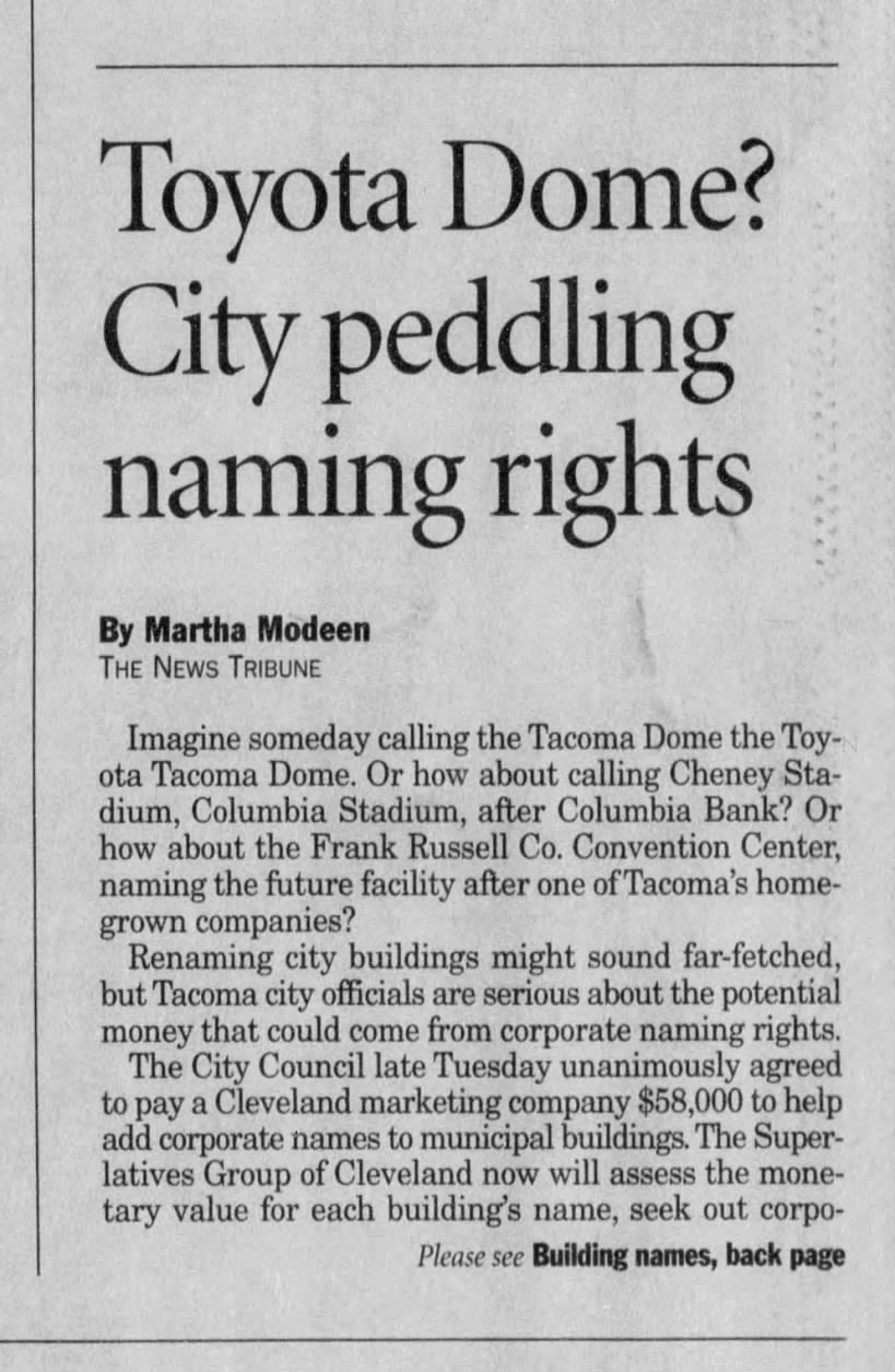 Toyota Dome? City peddling naming rights