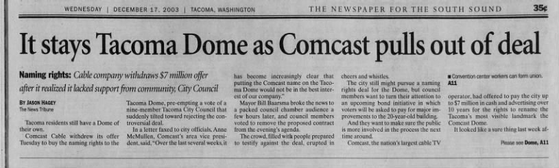 It stays Tacoma Dome as Comcast pulls out of deal