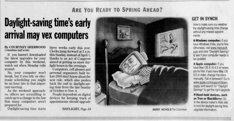 Daylight-saving time's early arrival may vex computers