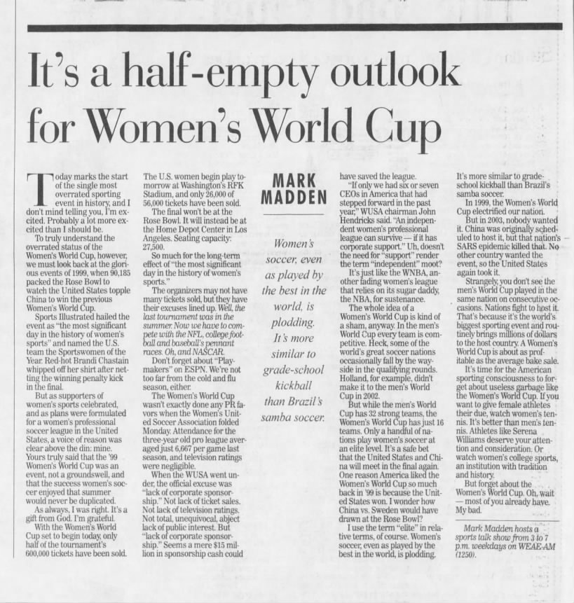 It's a half-empty outlook for Women's World Cup