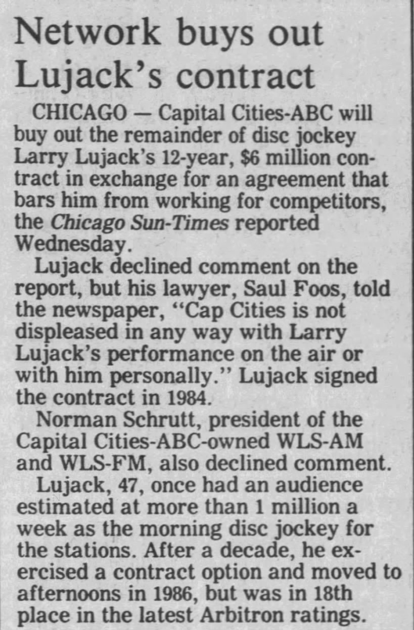 Lujack's contract bought out 1987