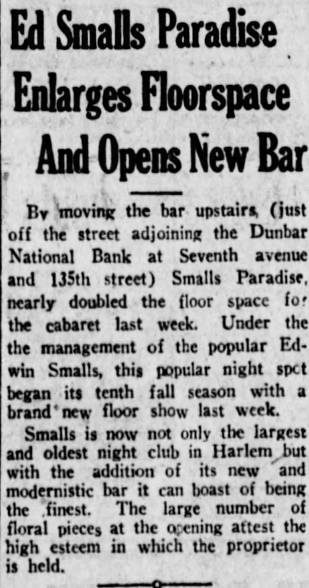 Ed Smalls enlarges the Smalls Paradise floor space and opens a new bar located upstairs 1936.