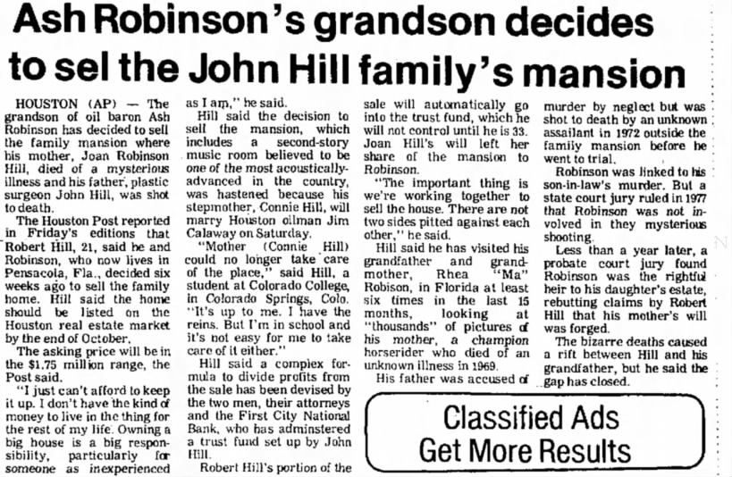 Robert Hill sells home-reconciles with grandparents Connie remarries 1981